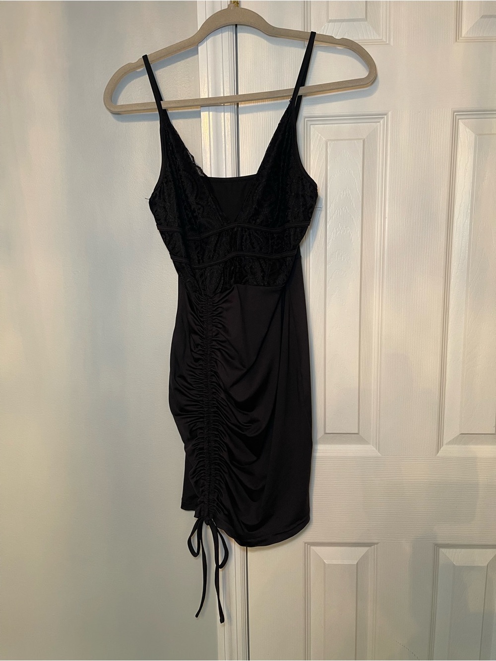 Black Lace-Trim Ruched Slip Dress